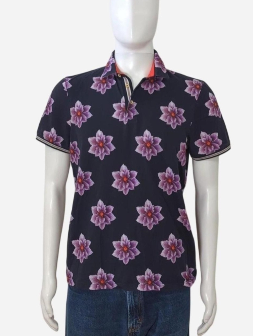 Ted Baker black & purple floral Short Sleeve polo shirt with orange accents.